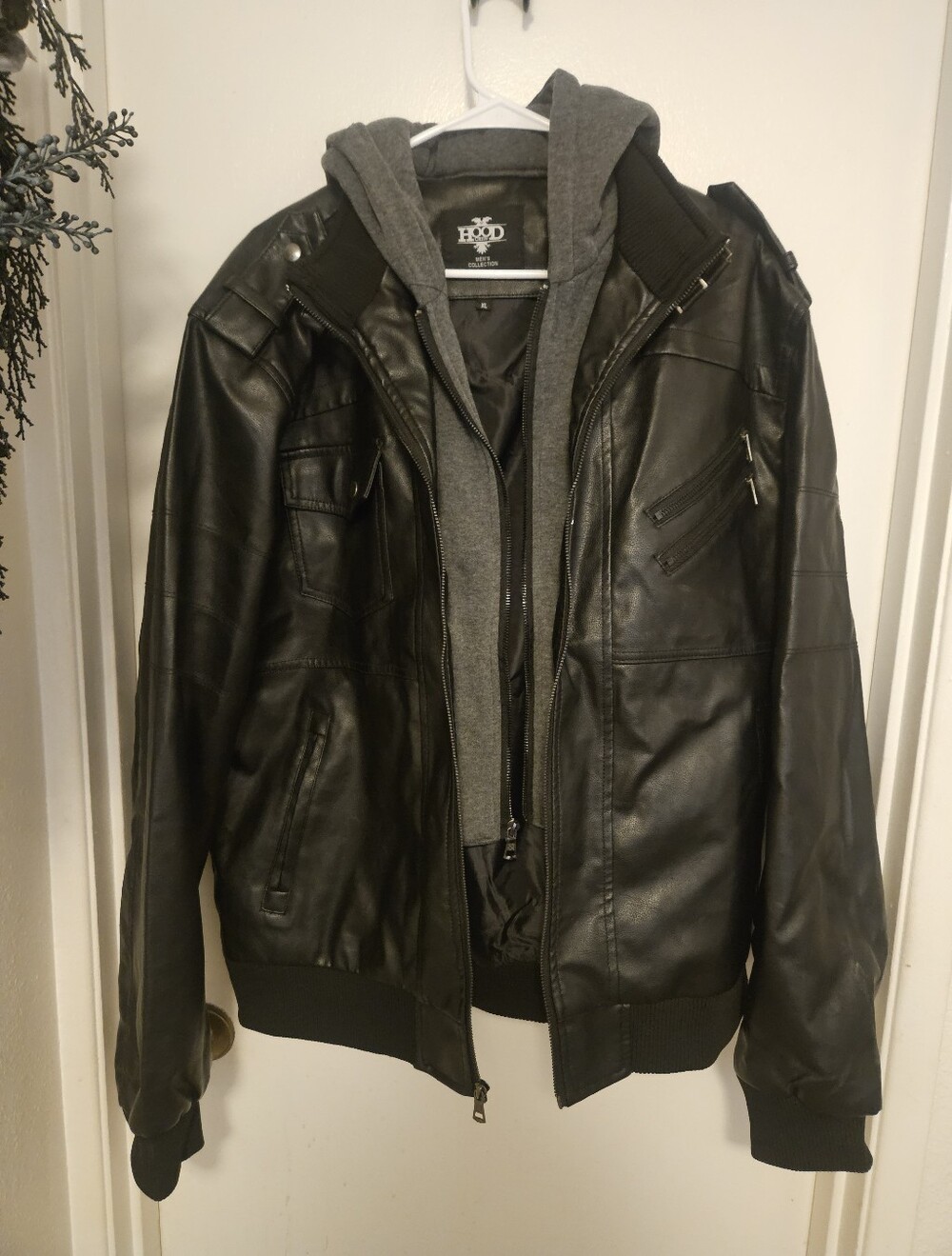 Hood Crew Mens Collection Black Faux Leather Bomber with Gray Hoodie Insert